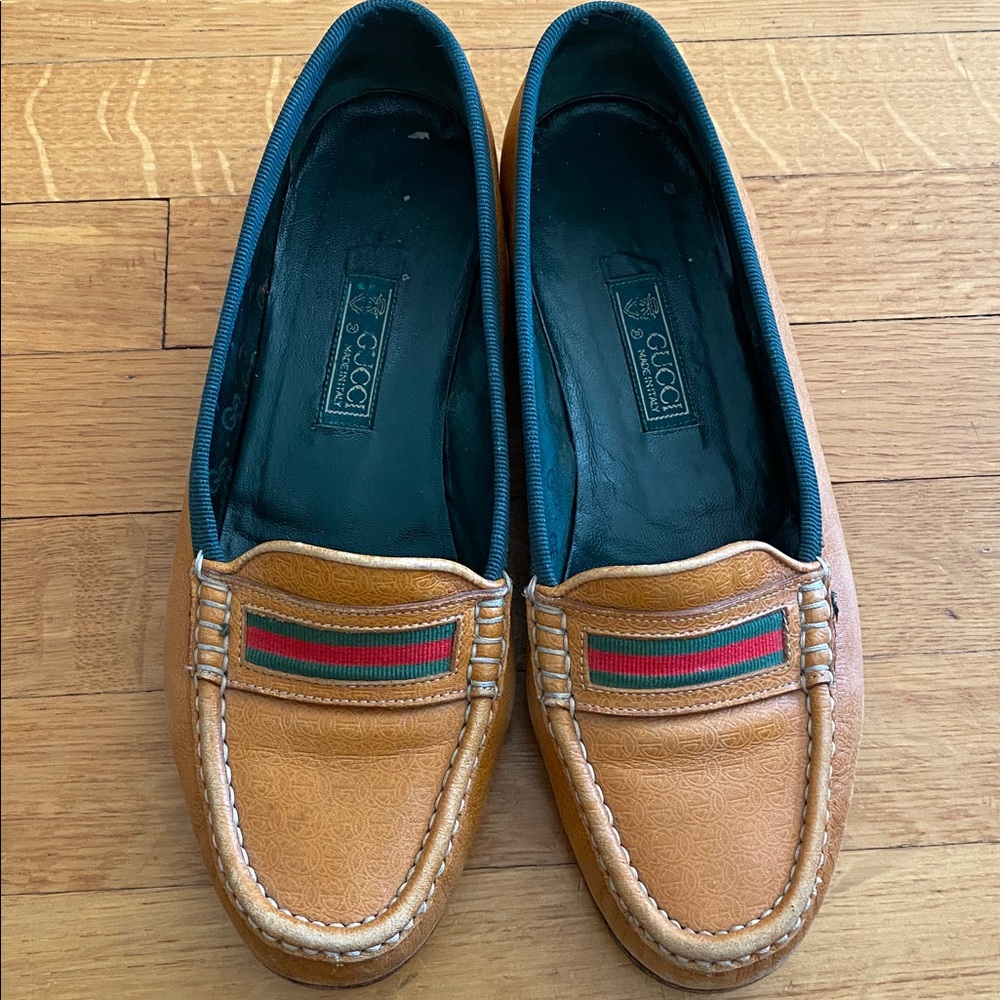 Gucci Tan Leather Loafers with Green & Red Web Stripe